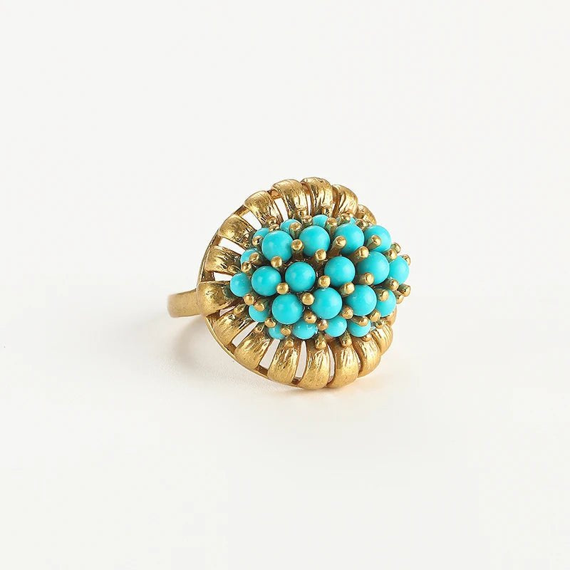 Turquoise Bloom Gold-Tone Crystal-Style Floral Statement Ring