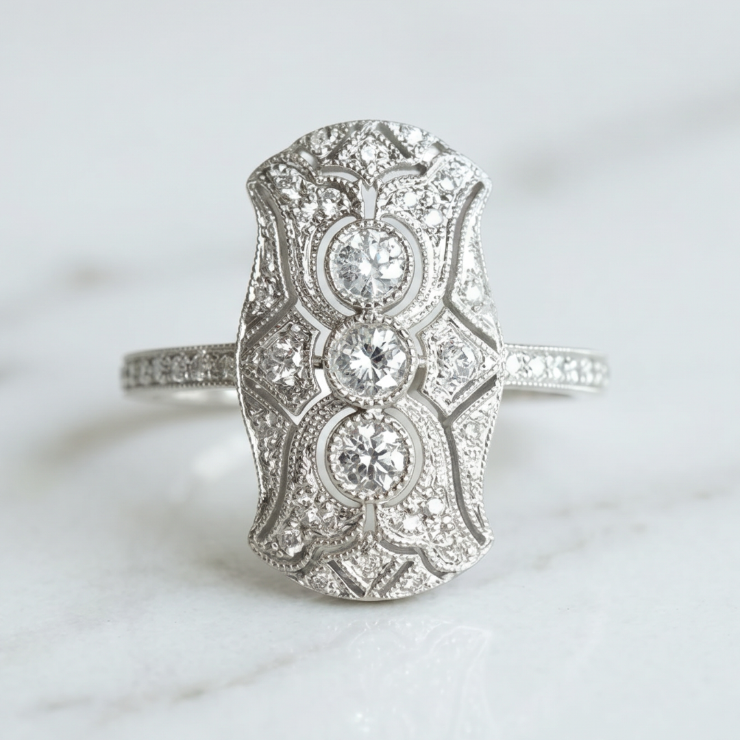 Vintage Art Deco Crystal-Style Statement Ring, Silver-Tone Filigree Cocktail Ring