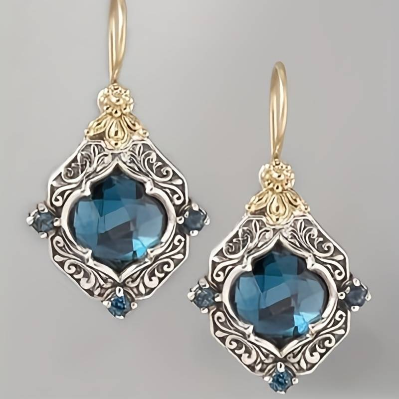 Vintage Blue Crystal-Style Gold-Tone & Silver-Tone Drop Earrings