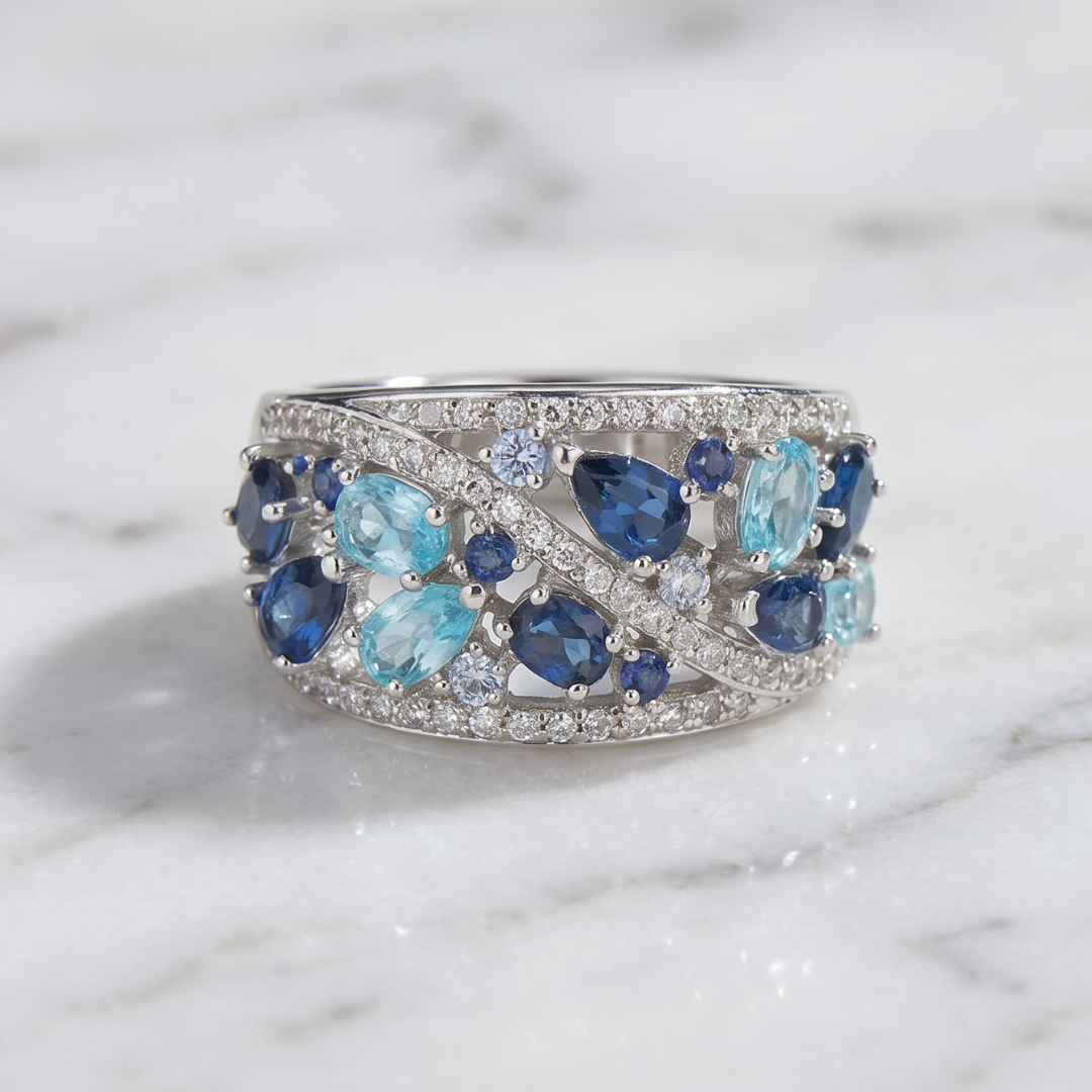 Vintage Blue Crystal-Style Statement Ring, Silver-Tone Multi-Stone Cocktail Band