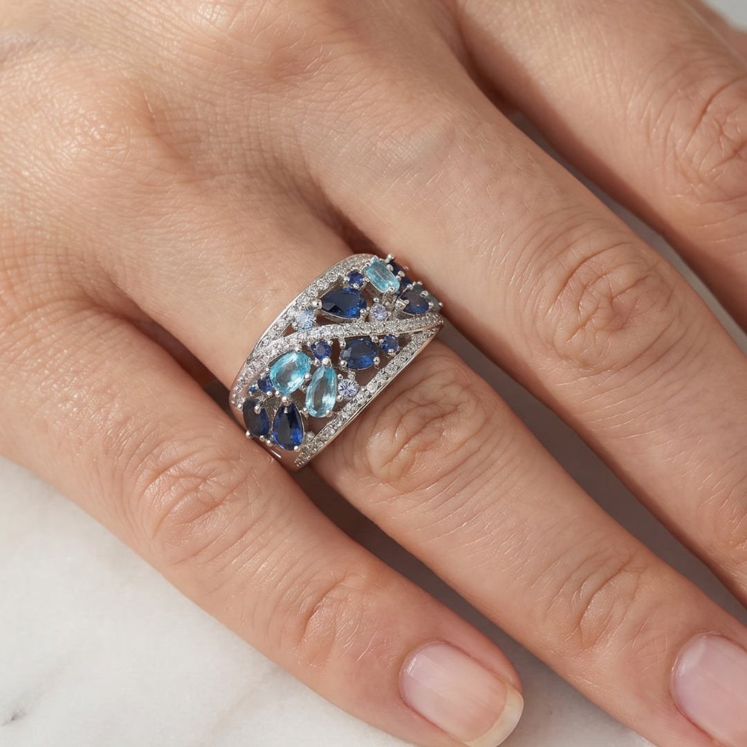 Vintage Blue Crystal-Style Statement Ring, Silver-Tone Multi-Stone Cocktail Band