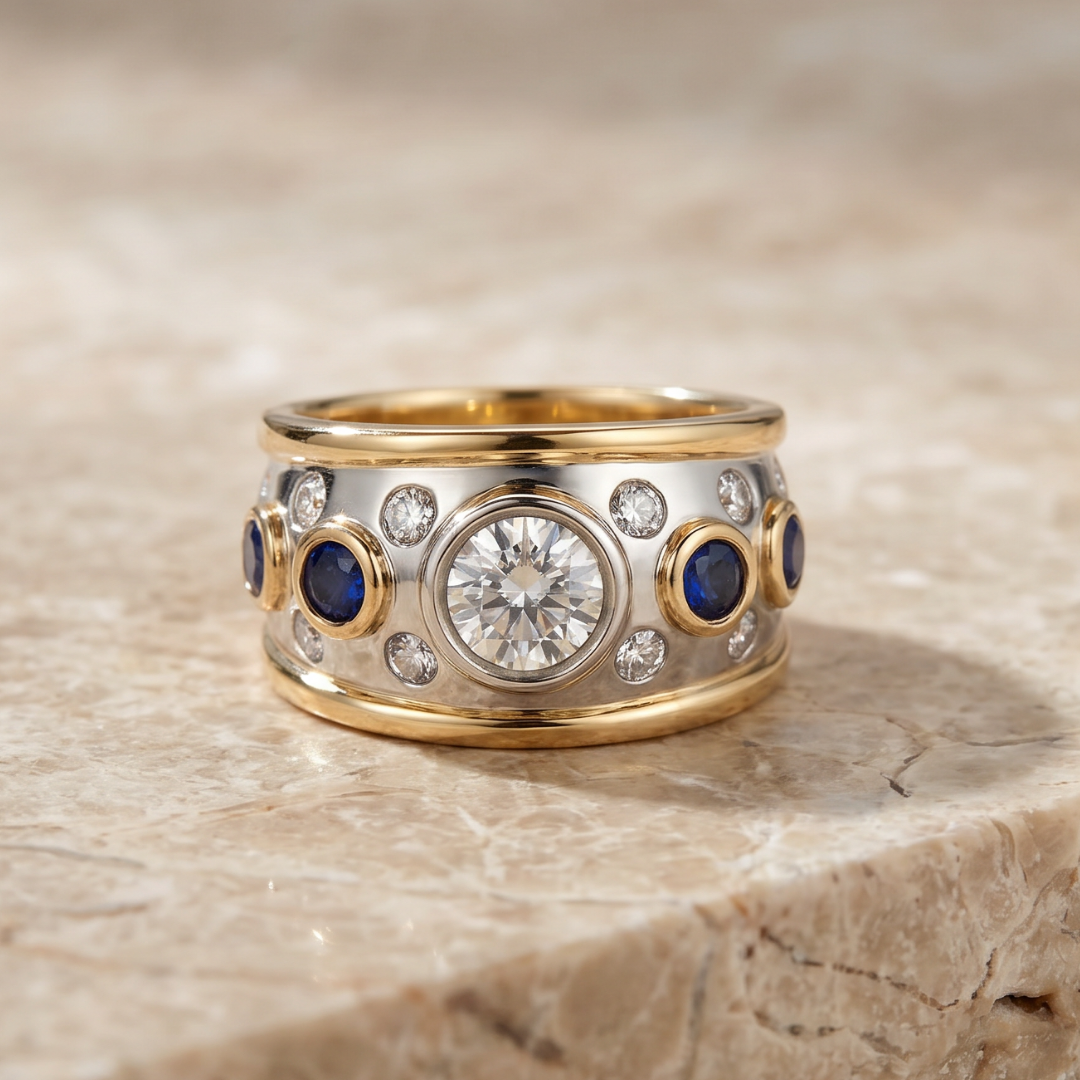 Vintage Blue Crystal-Style & Two-Tone Statement Ring