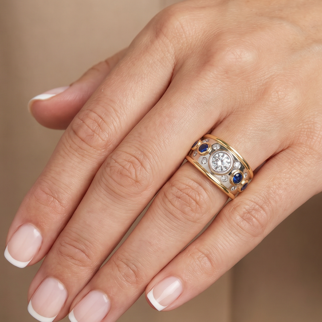 Vintage Blue Crystal-Style & Two-Tone Statement Ring