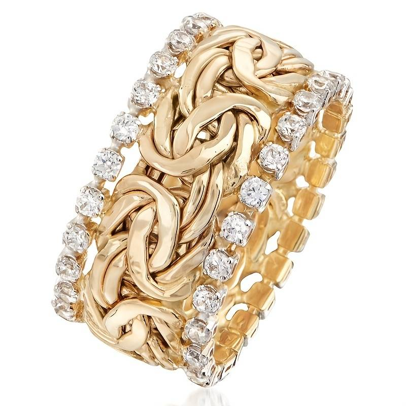 Vintage Gold-Tone Braided Band Ring with Crystal-Style Accents