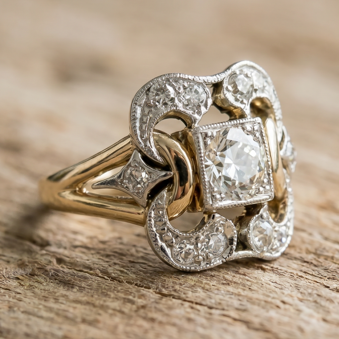Vintage Gold-Tone Crystal-Style Filigree Statement Ring
