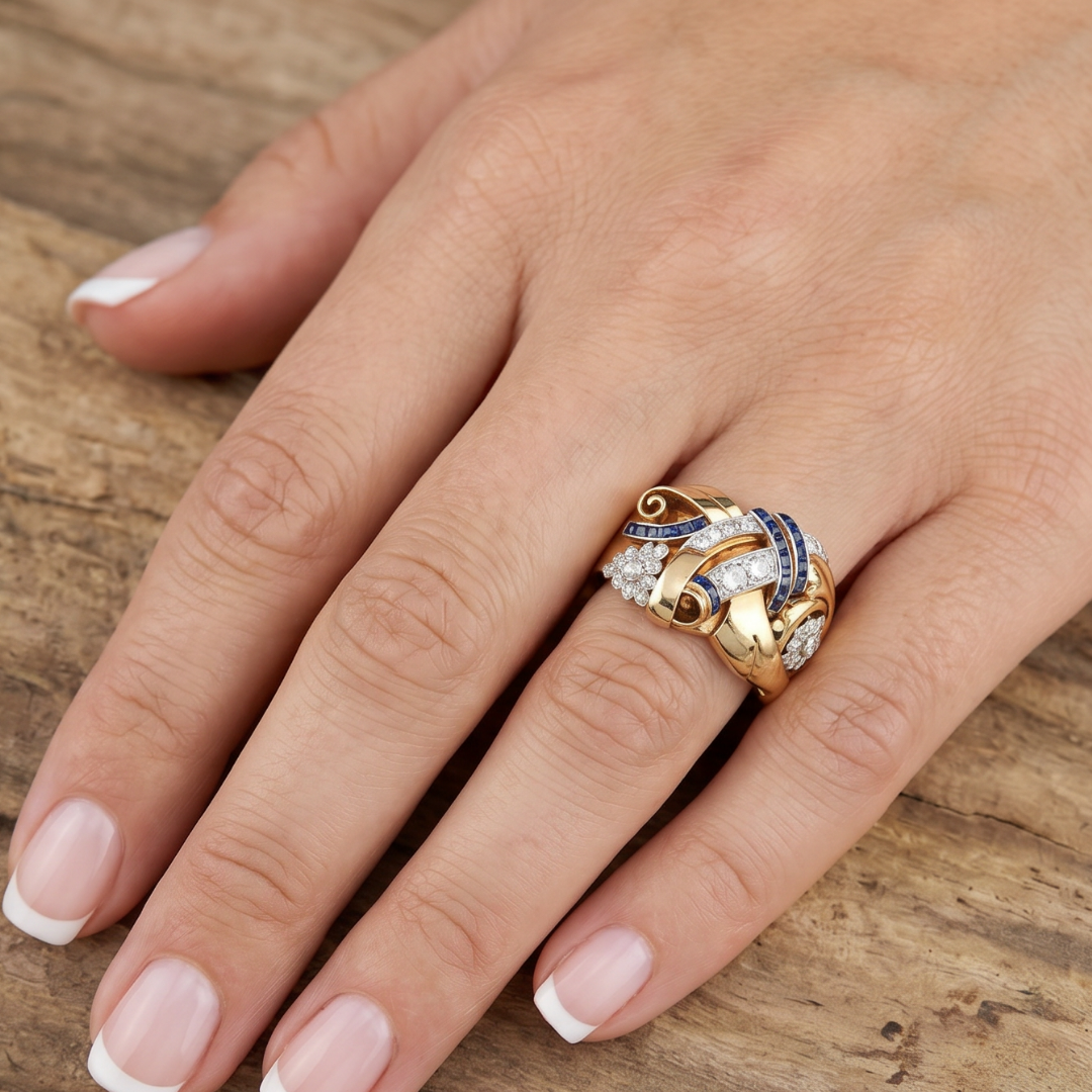 Vintage Gold-Tone Crystal-Style Floral Statement Ring with Blue Crystal Accents