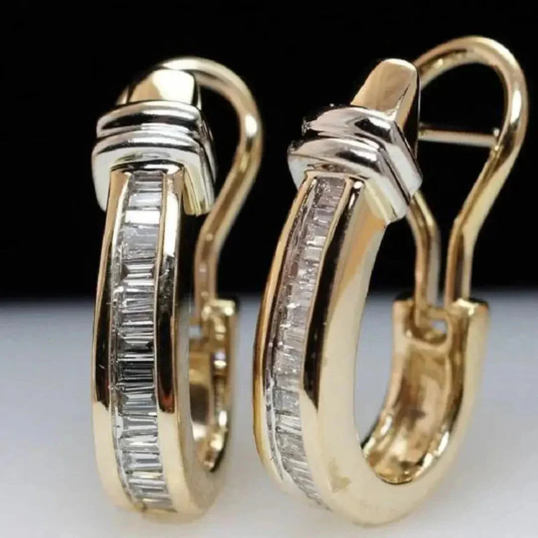 Vintage Gold-Tone Hoop Earrings with Crystal-Style Baguette Accents