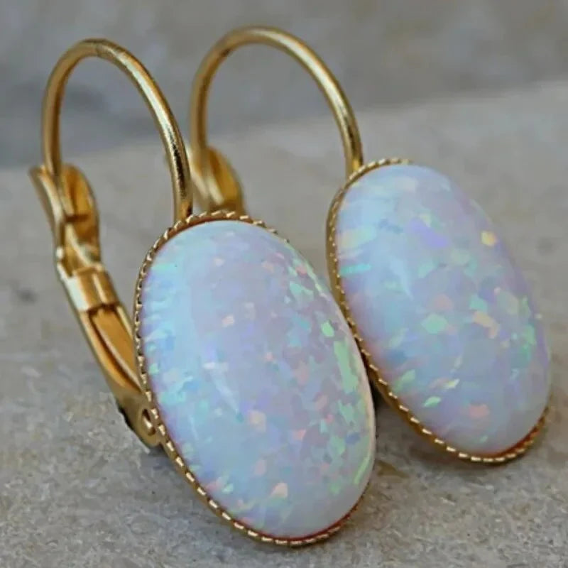 Vintage Gold-Tone Opal-Style Oval Drop Earrings Elegant Statement Jewelry