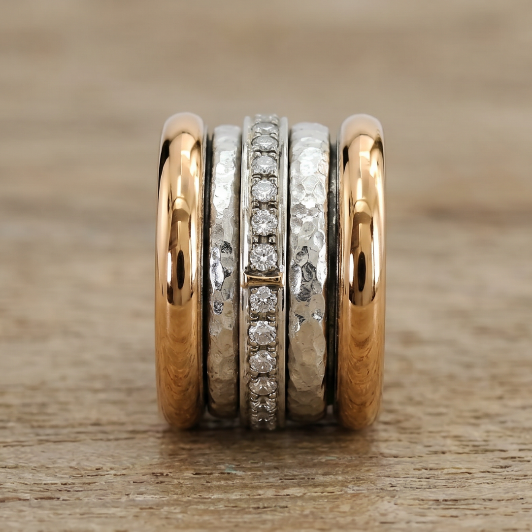 Vintage Gold-Tone & Silver-Tone Crystal-Style Multi-Band Statement Ring