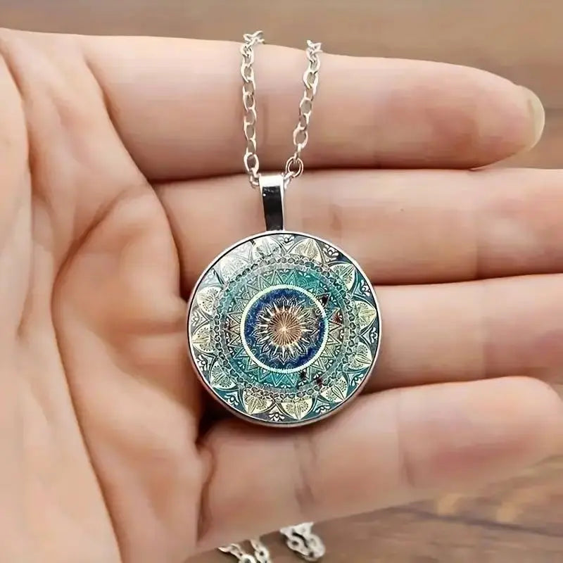 Vintage Mandala Pendant Necklace in Silver-Tone Boho Statement Style Jewelry