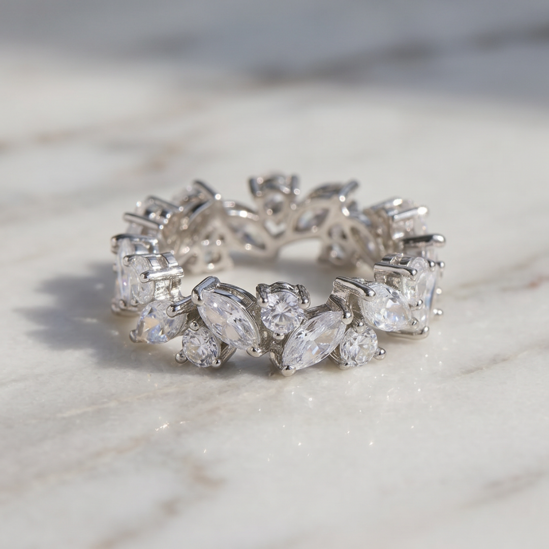 Vintage Marquise & Round Crystal-Style Eternity Ring in Silver-Tone