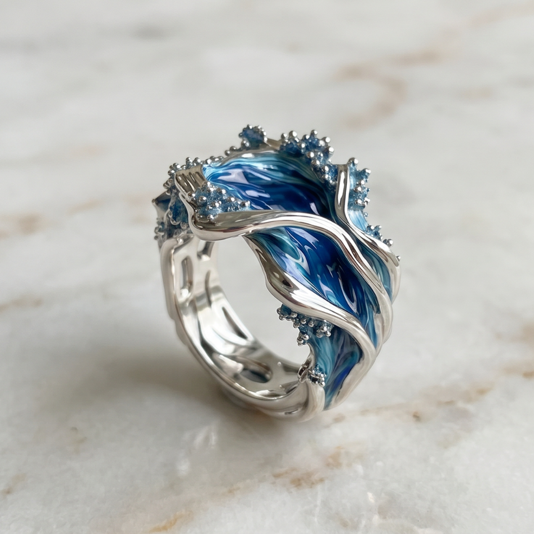 Vintage Ocean Wave Silver-Tone Statement Ring