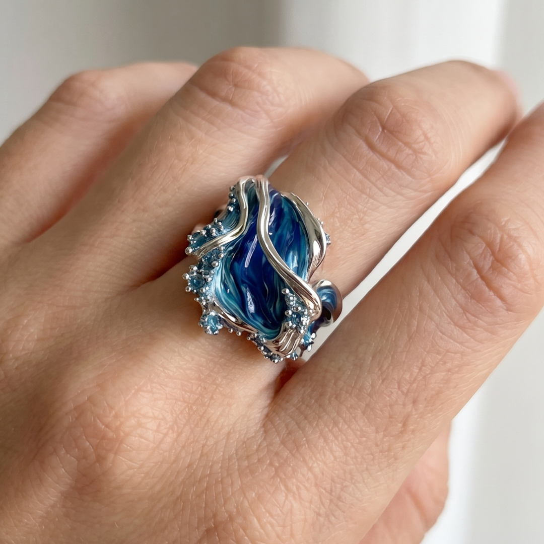 Vintage Ocean Wave Silver-Tone Statement Ring