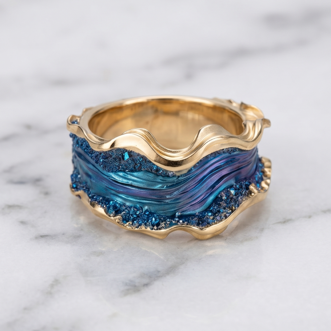 Vintage Ocean Wave Statement Ring in Gold-Tone