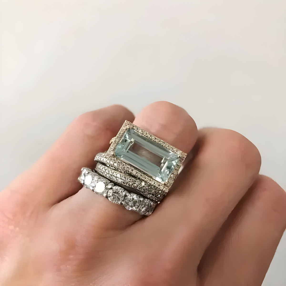 Vintage Silver-Tone Turquoise Glass & Crystal-Style Ring Set
