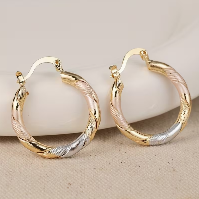 Vintage Tri-Color Twisted Hoop Earrings in Gold-Tone and Silver-Tone Finish