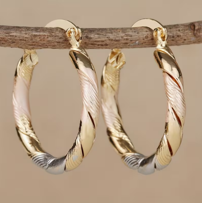 Vintage Tri-Color Twisted Hoop Earrings in Gold-Tone and Silver-Tone Finish