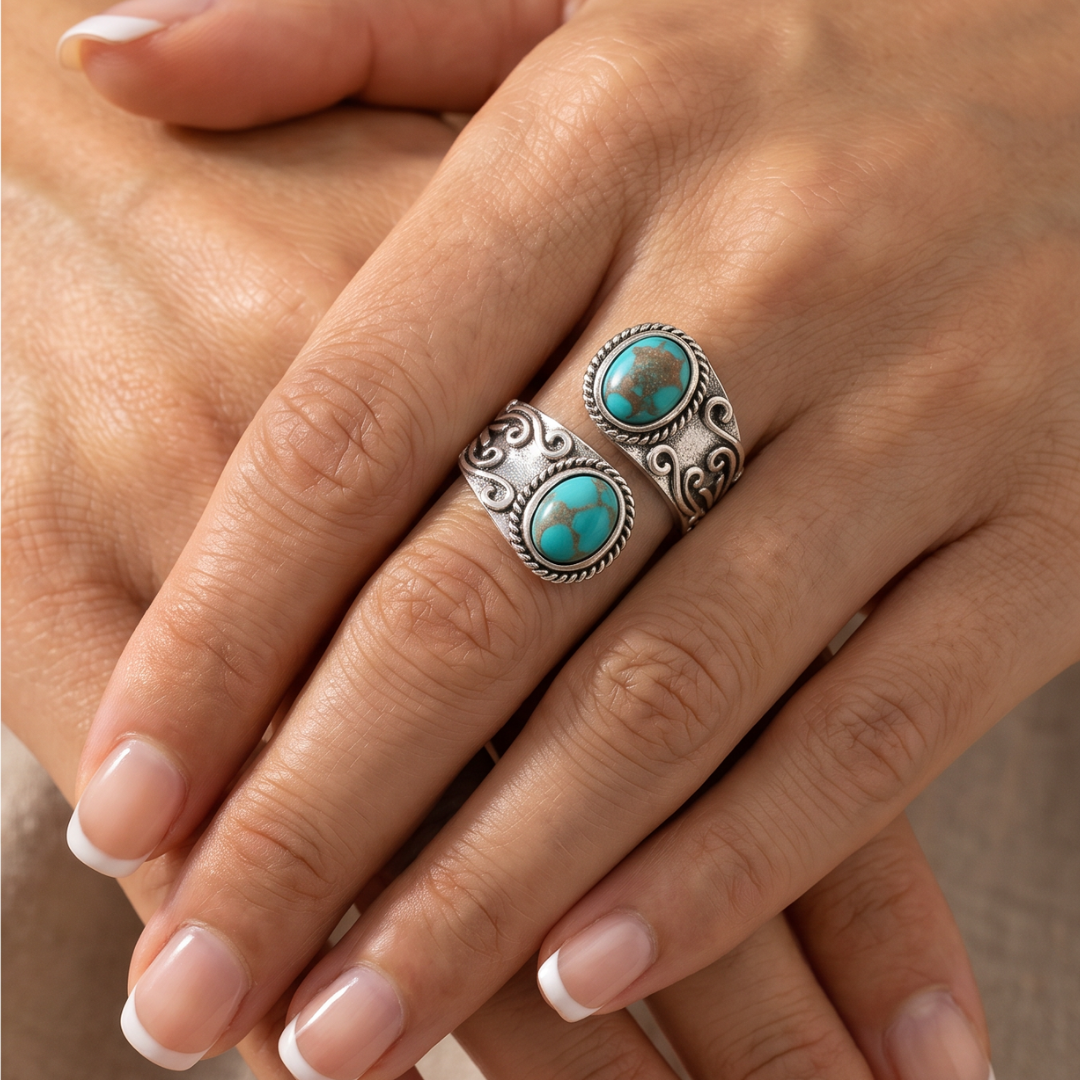 Vintage Turquoise-Style Open Band Silver-Tone Statement Ring