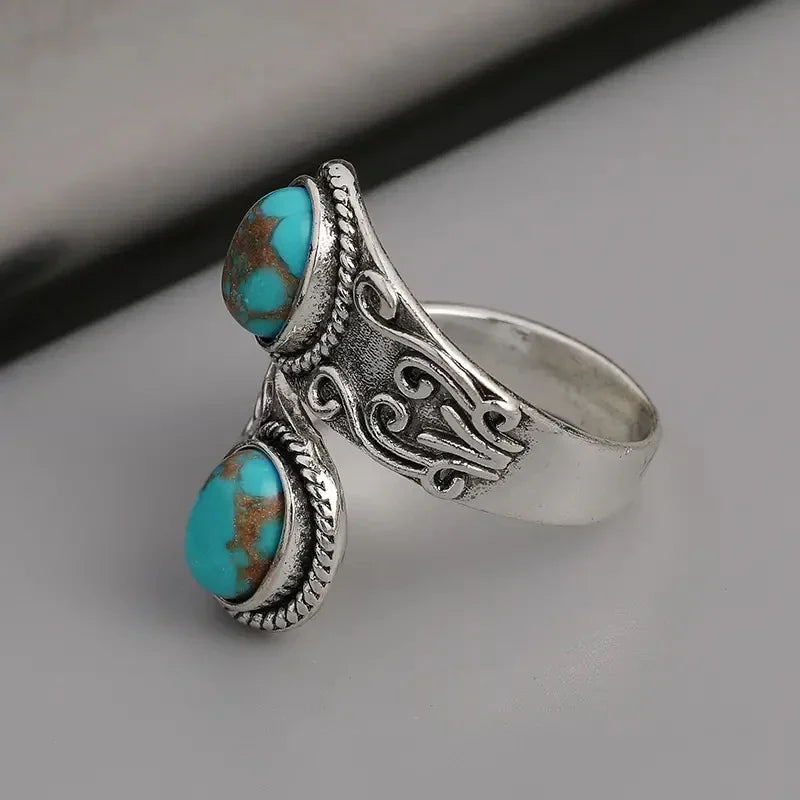 Vintage Turquoise-Style Open Band Silver-Tone Statement Ring