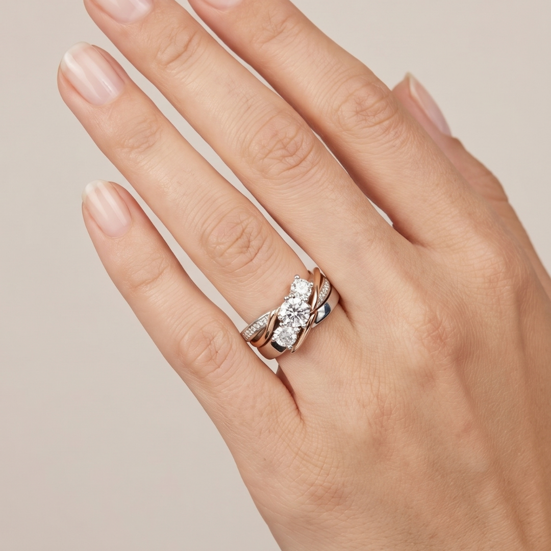 Vintage Two-Tone Crystal-Style Three-Stone Statement Ring