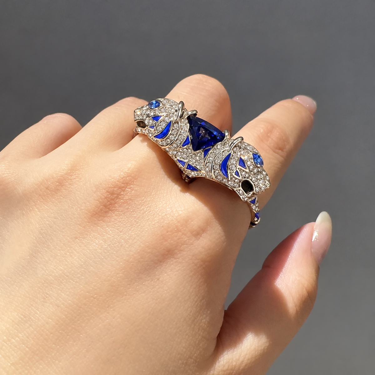 Panthera Luxe Silver-Tone Crystal-Style Blue Stone Panther Statement Ring