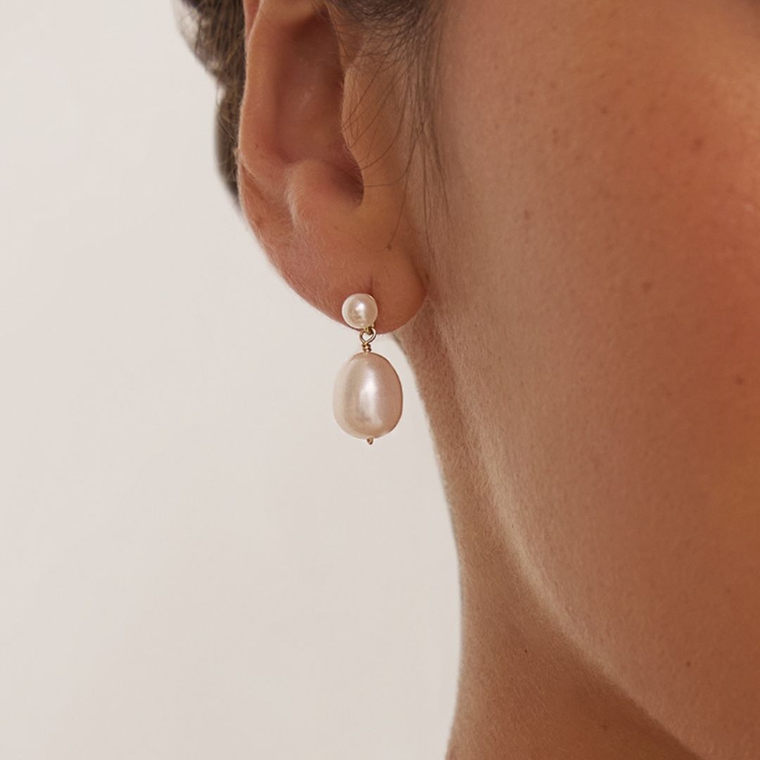 Silver-Tone Double Pearl-Style Drop Stud Earrings