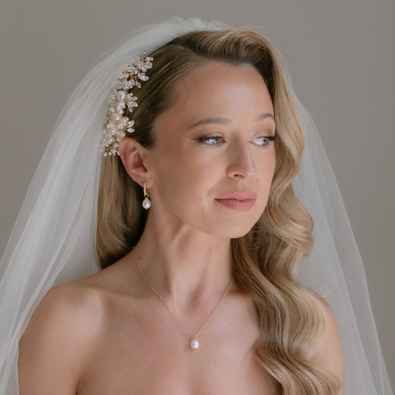 Gold Diamond Style Large Pearl Drop Hoop Earrings