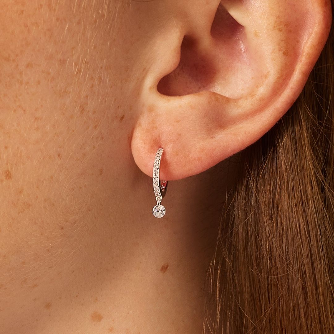 Silver-Tone Crystal-Style Drop Hoop Earrings