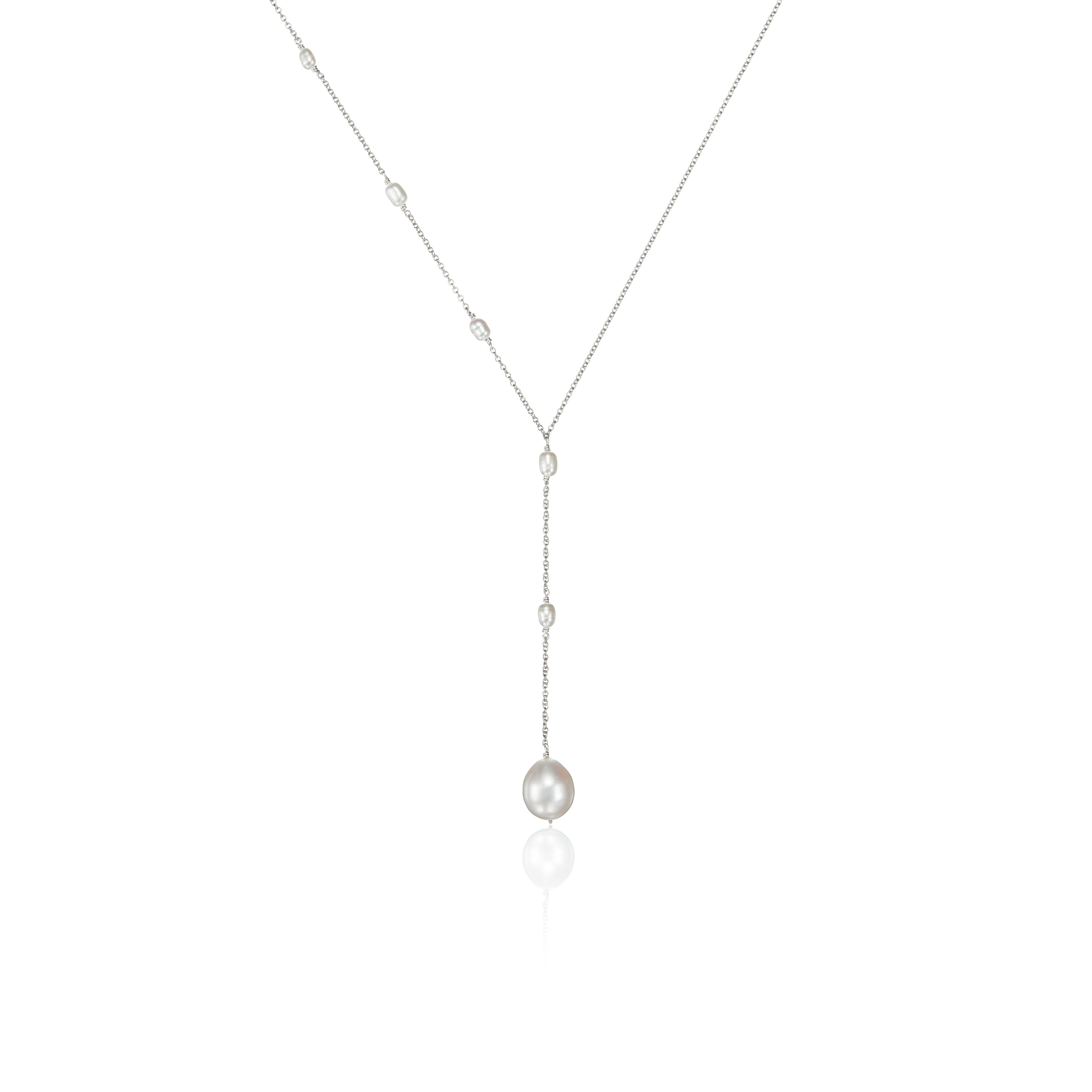 White Gold-Tone Seed Pearl-Style Lariat Necklace