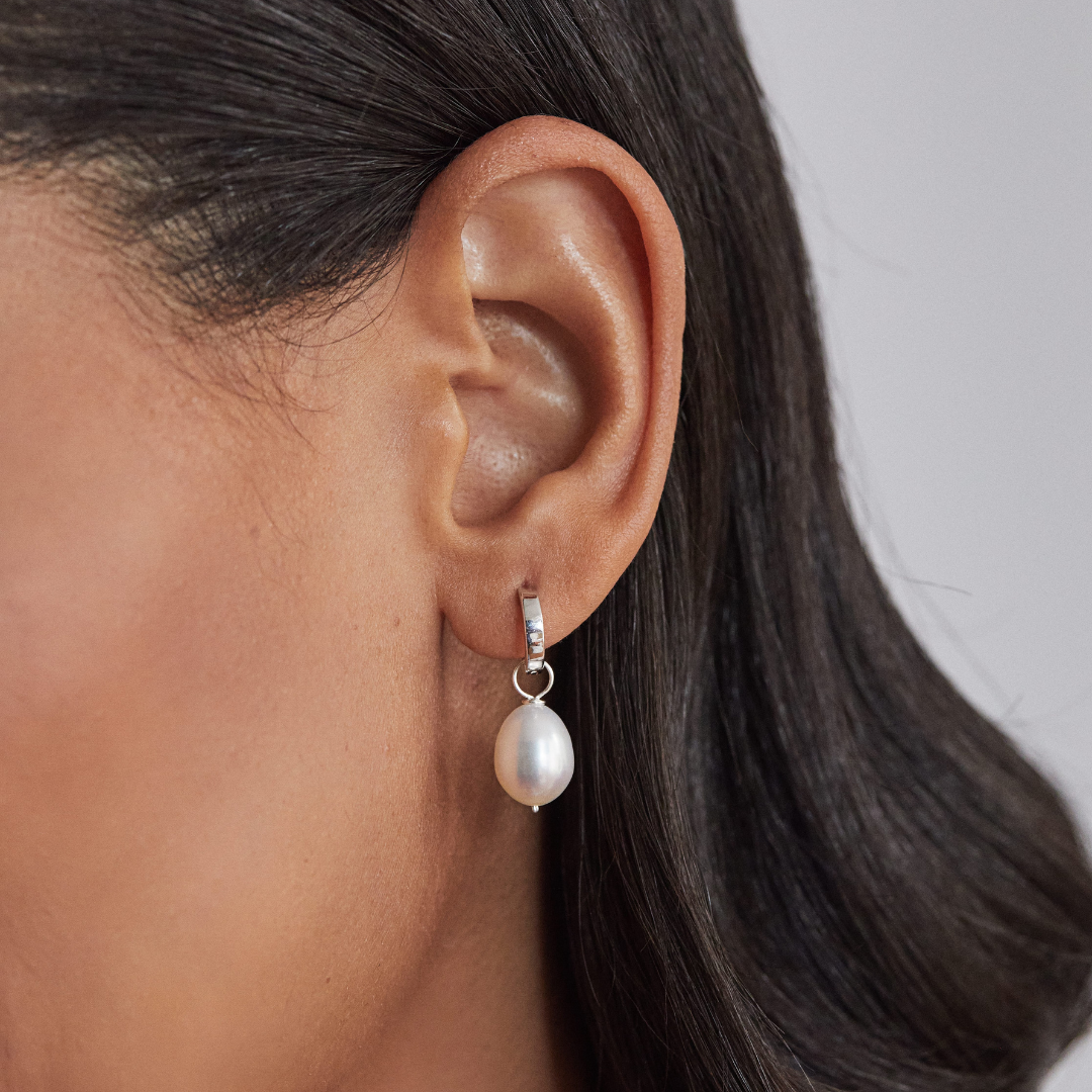 Silver-Tone Plain Huggie Pearl-Style Drop Hoop Earrings
