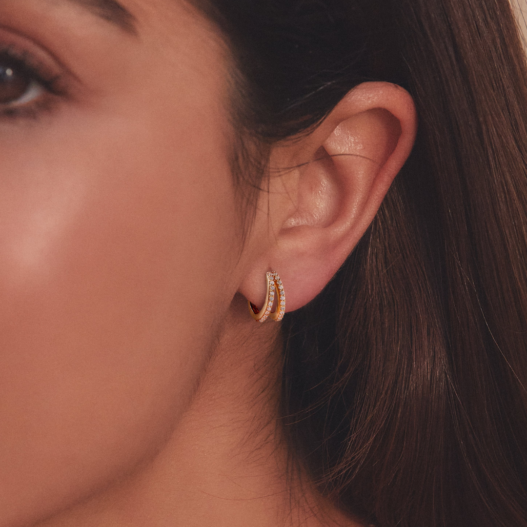 Silver-Tone Double Crystal-Style Huggie Hoop Earrings