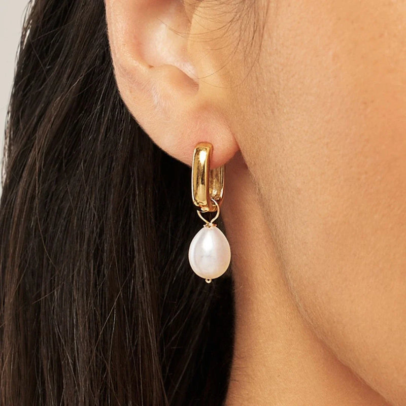 Gold Thick Squared Hoop Pearl Drop Earrings