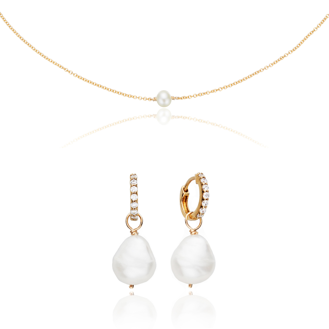 Gold-Tone Pearl-Style Drop Huggie Earrings and Single Pearl-Style Choker Set