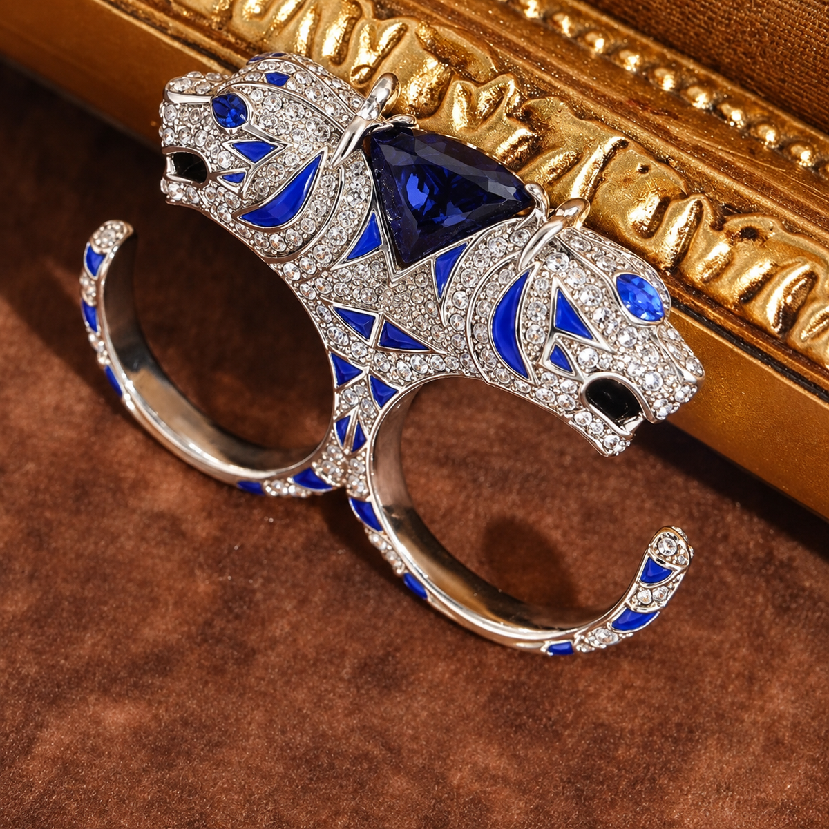 Panthera Luxe Silver-Tone Crystal-Style Blue Stone Panther Statement Ring
