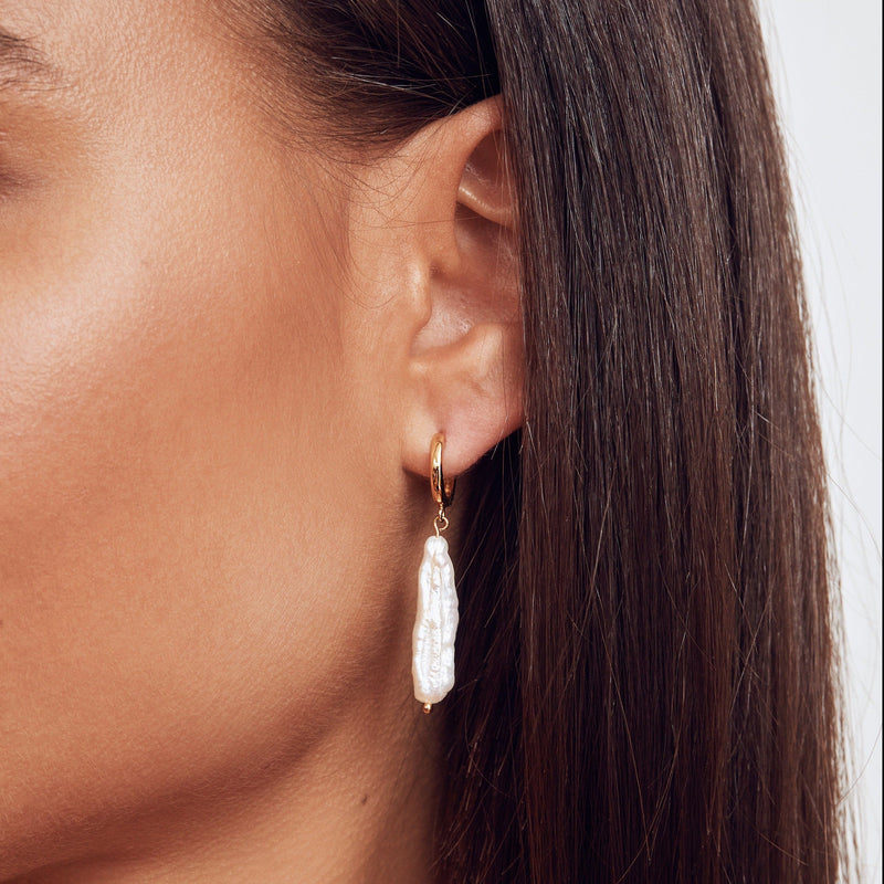 Silver Baroque Pearl Shard Hoop Earrings