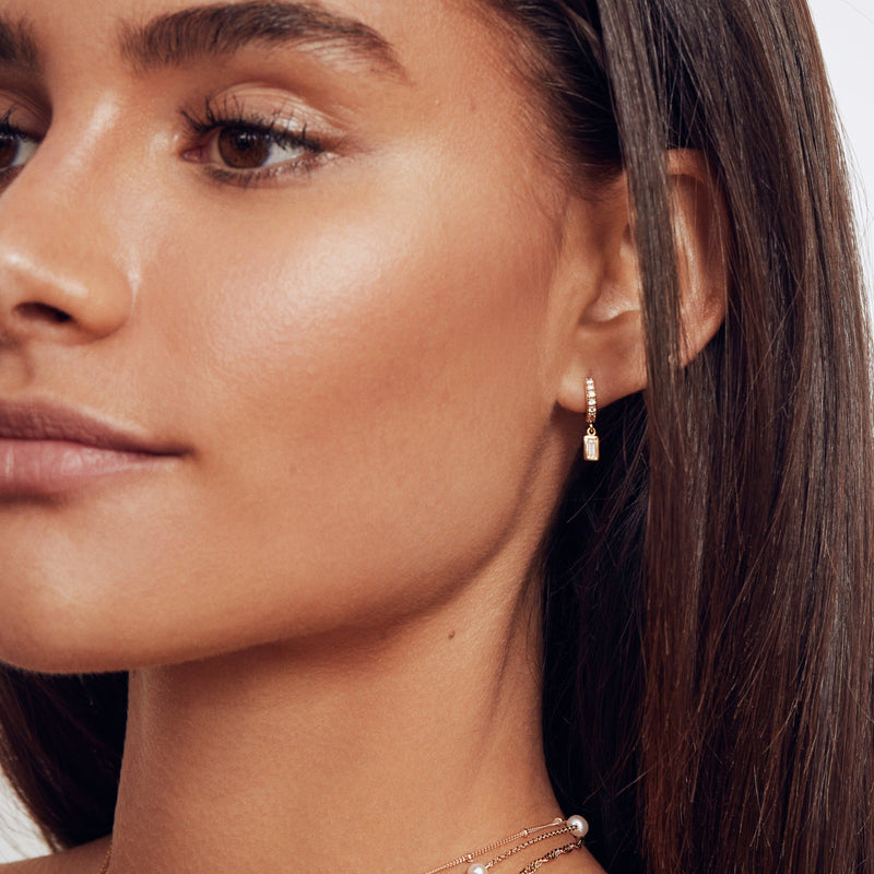 Silver Diamond Style Baguette Drop Huggie Hoop Earrings