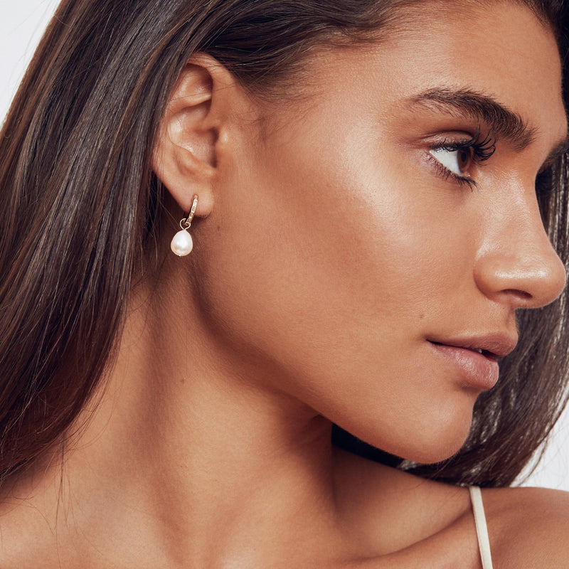 Gold Diamond Style Baguette Pearl Drop Hoop Earrings