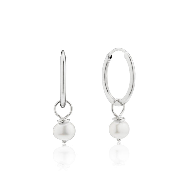 Solid White Gold Small Pearl Drop Hoop Earrings