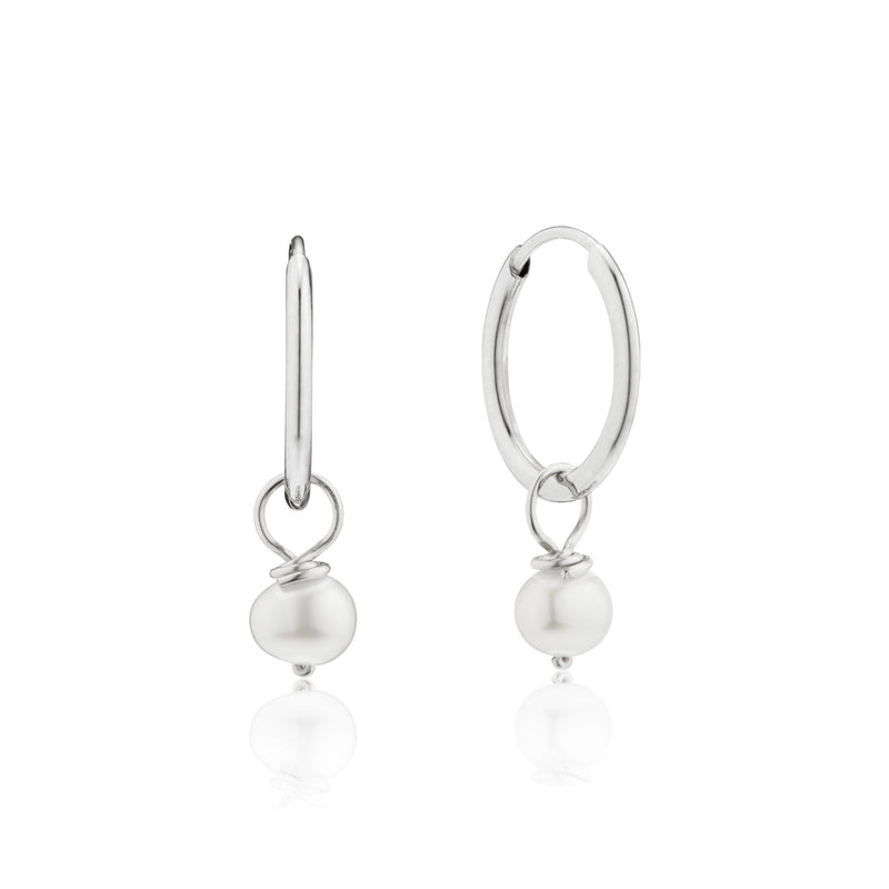 Solid White Gold Small Pearl Drop Hoop Earrings