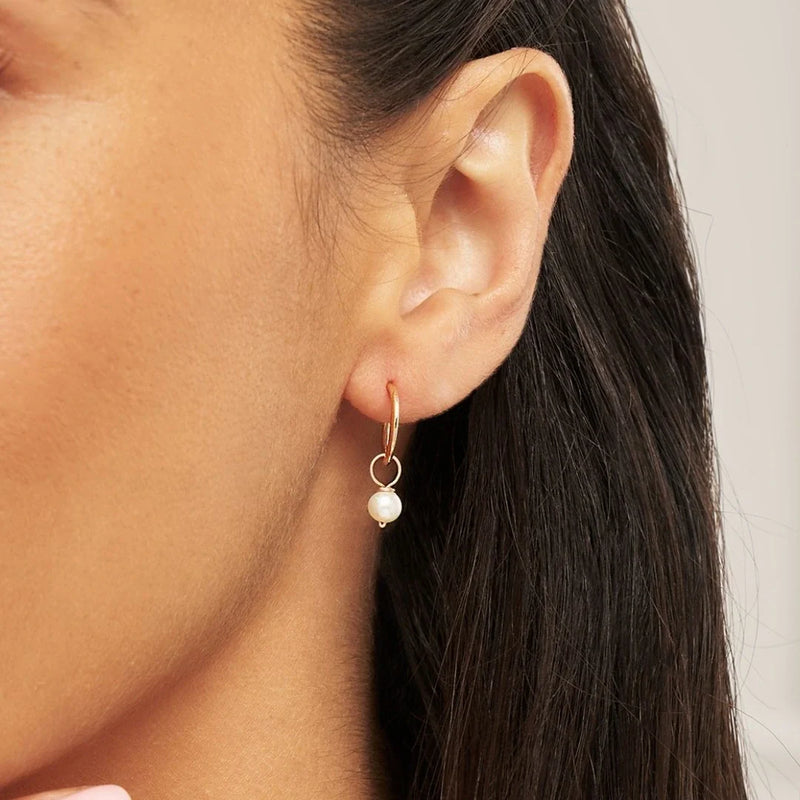 Solid Gold Small Pearl Drop Hoop Earrings