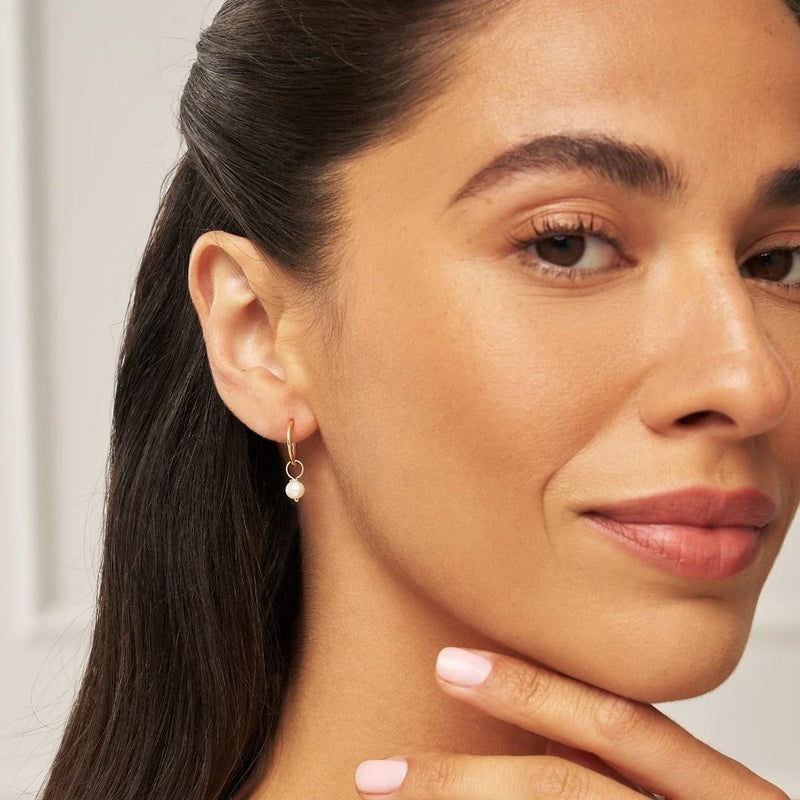 Solid Gold Small Pearl Drop Hoop Earrings