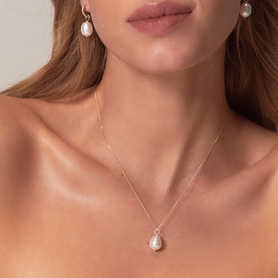 Gold-Tone Crystal-Style Large Pearl-Style Hoop Earrings and Necklace Set