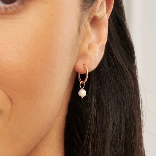 Solid Gold Small Pearl Drop Hoop Earrings