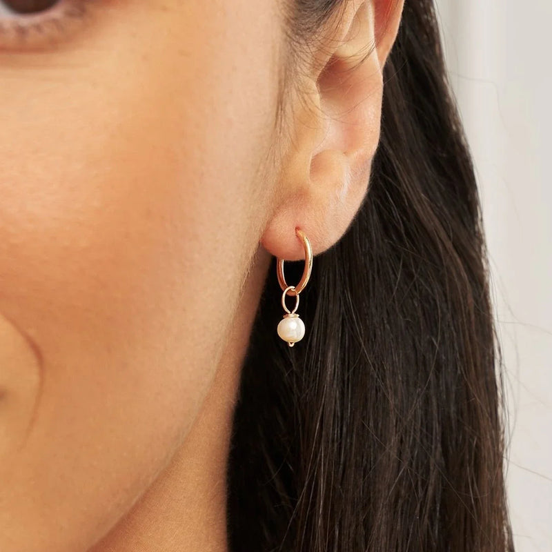 Solid Gold Small Pearl Drop Hoop Earrings