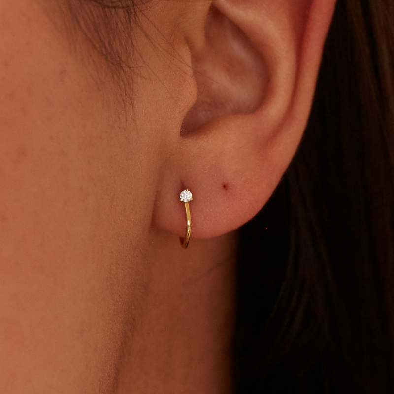 Solid Gold Genuine Diamond Lobe Hoop Stud Earrings
