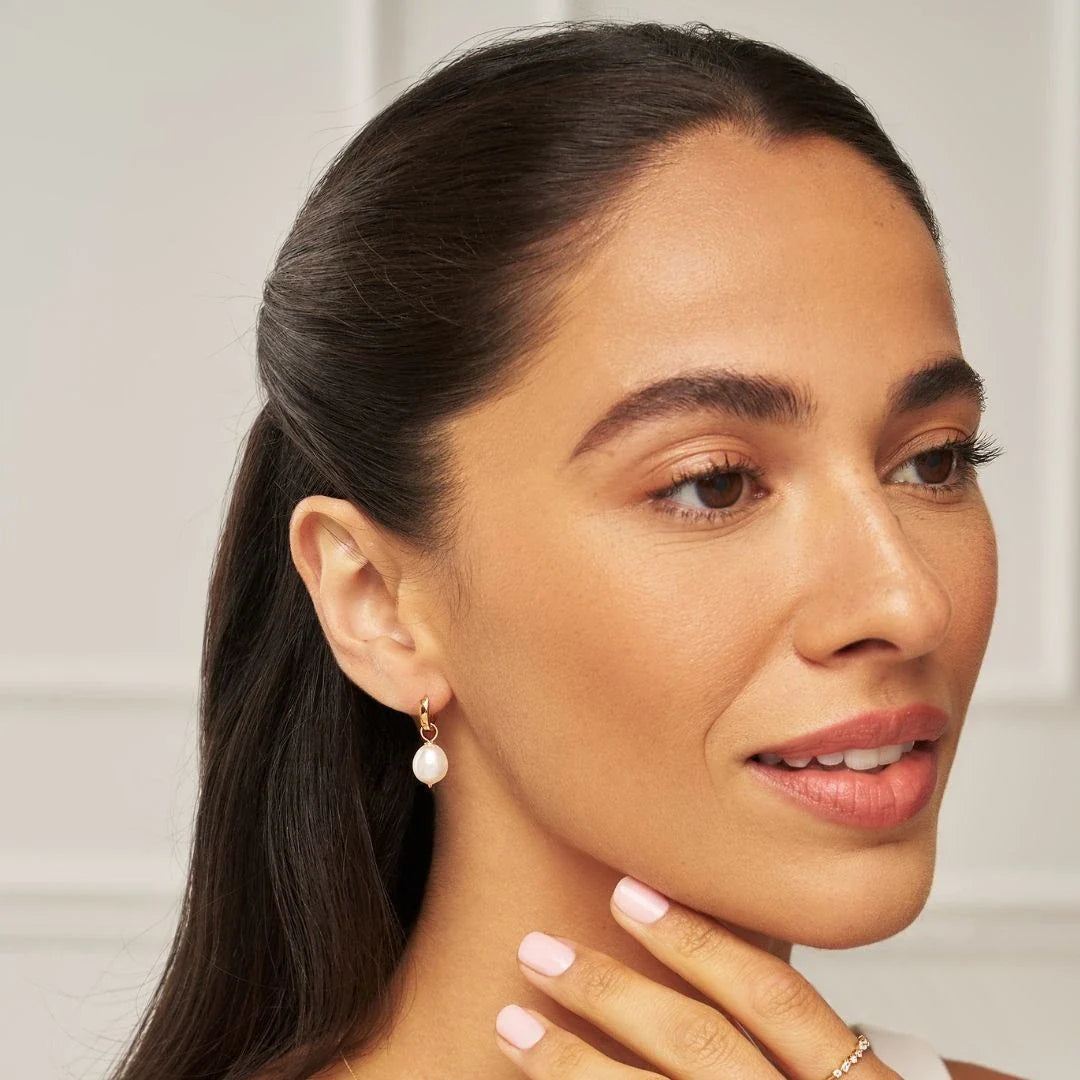 Gold Tone Plain Huggie Pearl Drop Hoop Earrings (Base Metal)
