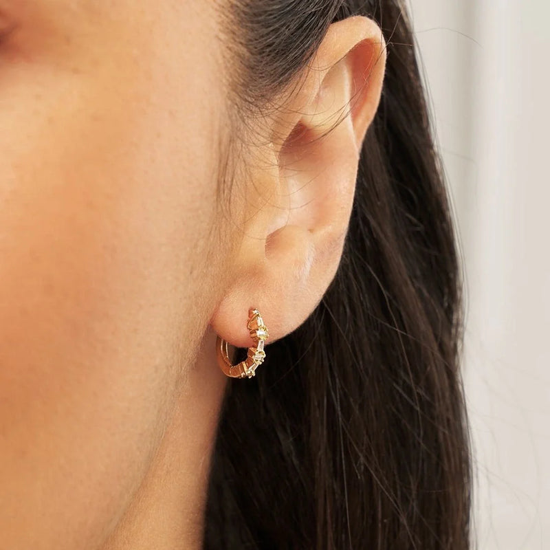 Gold Diamond Style Baguette Huggie Hoop Earrings
