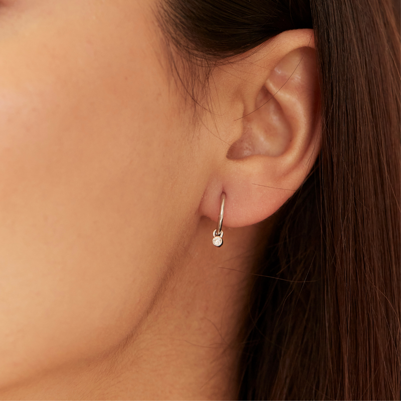 Solid Gold Mini Floating Diamond Hoop Earrings