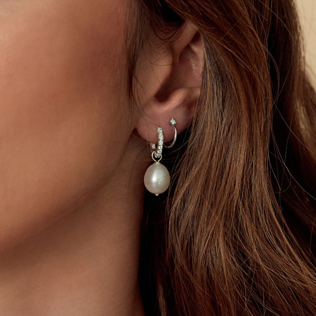 White Gold-Tone Crystal-Style Lobe Hoop Stud Earrings