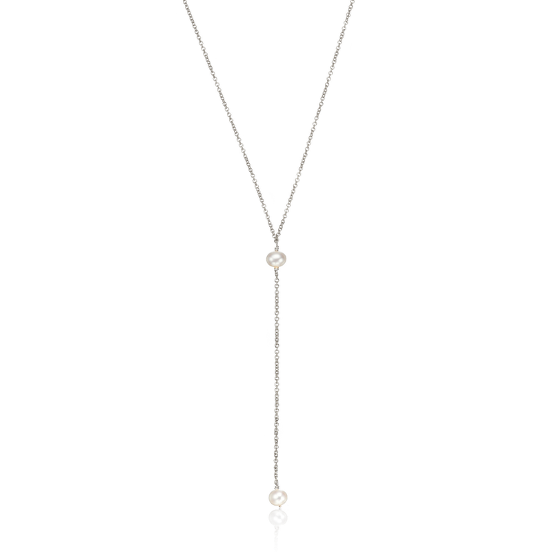Solid White Gold Pearl Lariat Necklace